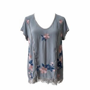 JOHNNY WAS Women's Short Sleeve Flowy Blouse with Lace Trim Gray Size Small